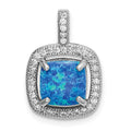 Sterling Silver Rhodium-plated Blue Square Created Opal w/CZ Pendant, 19 x 13.2 mm