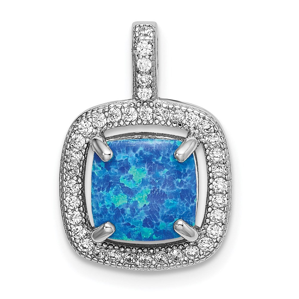 Sterling Silver Rhodium-plated Blue Square Created Opal w/CZ Pendant, 19 x 13.2 mm