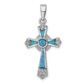 Sterling Silver Rhodium-plated CZ / Created Opal Cross Pendant, 37.5 x 18.8 mm