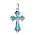 Sterling Silver Rhodium-plated Blue Inlay Created Opal Cross Pendant, 40.1 x 20.1 mm