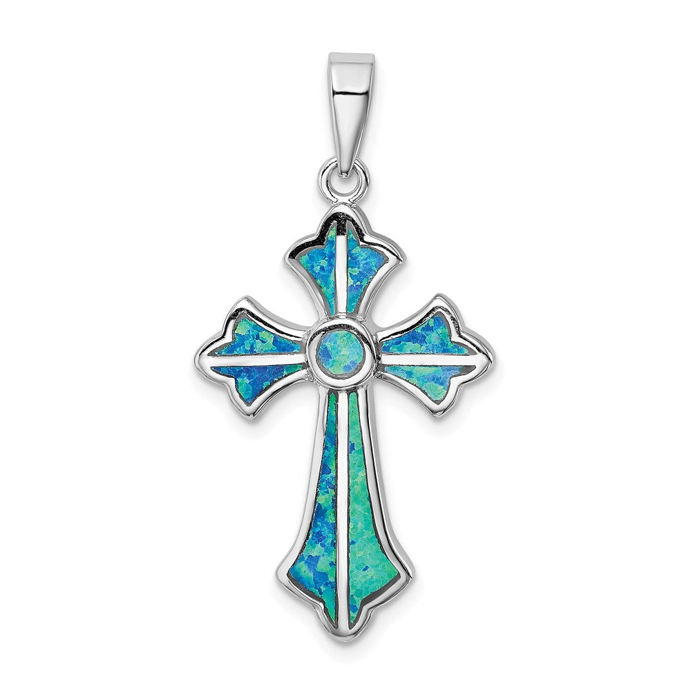 Sterling Silver Rhodium-plated Blue Inlay Created Opal Cross Pendant, 40.1 x 20.1 mm
