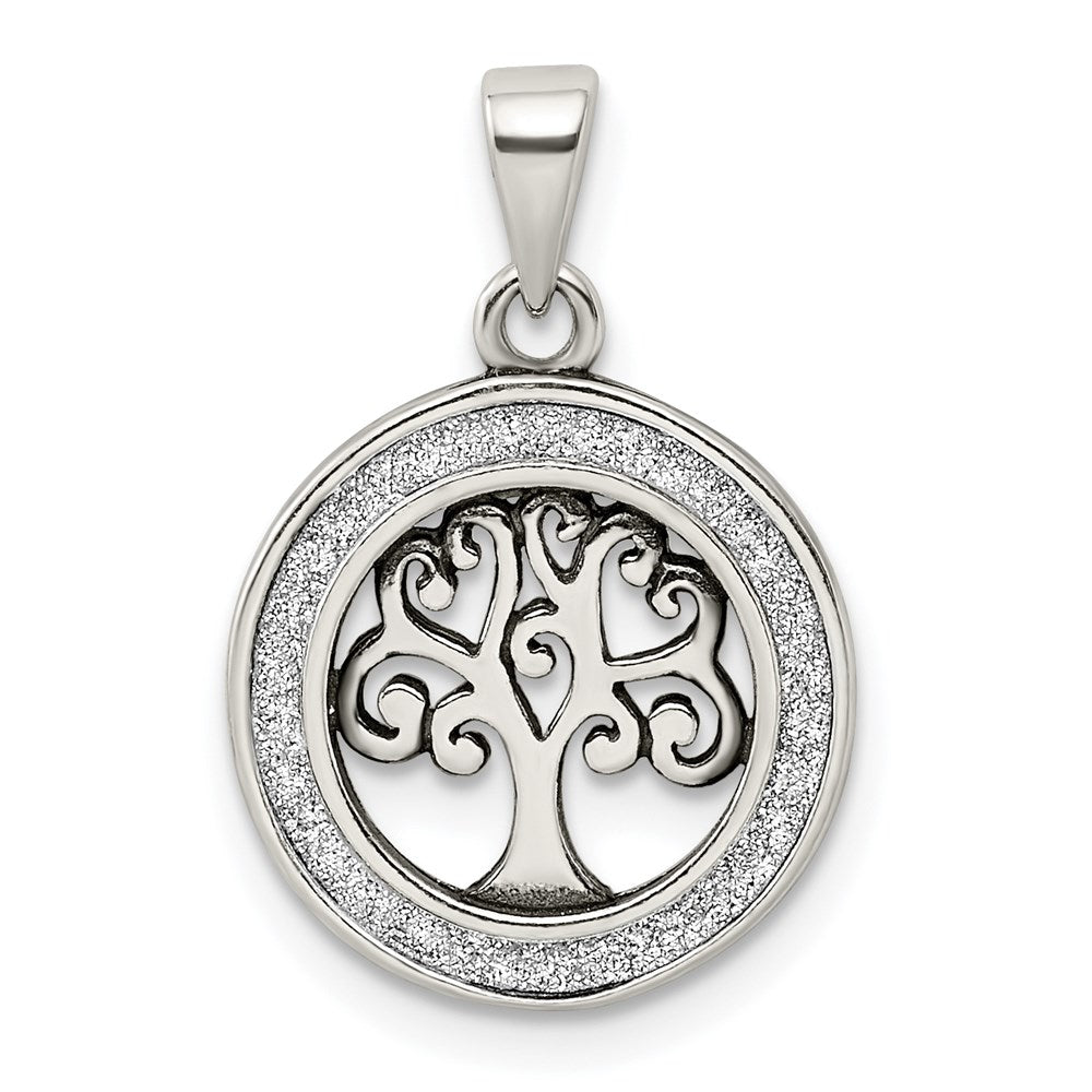 Sterling Silver Antiqued Enamel Glitter Enamel Tree in Circle Pendant, 23.8 x 15.6 mm