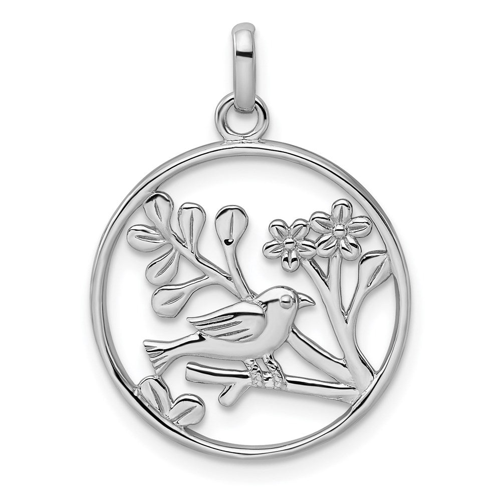 Sterling Silver Rhodium-plated Polished Bird and Flowers Pendant, 27.3 x 19.8 mm