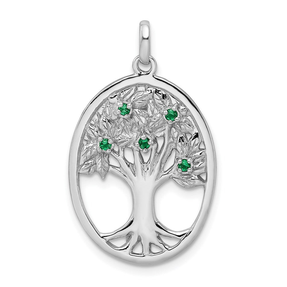 Sterling Silver Rhodium-plated Green Glass Buds Oval Tree Pendant, 31.8 x 19.2 mm