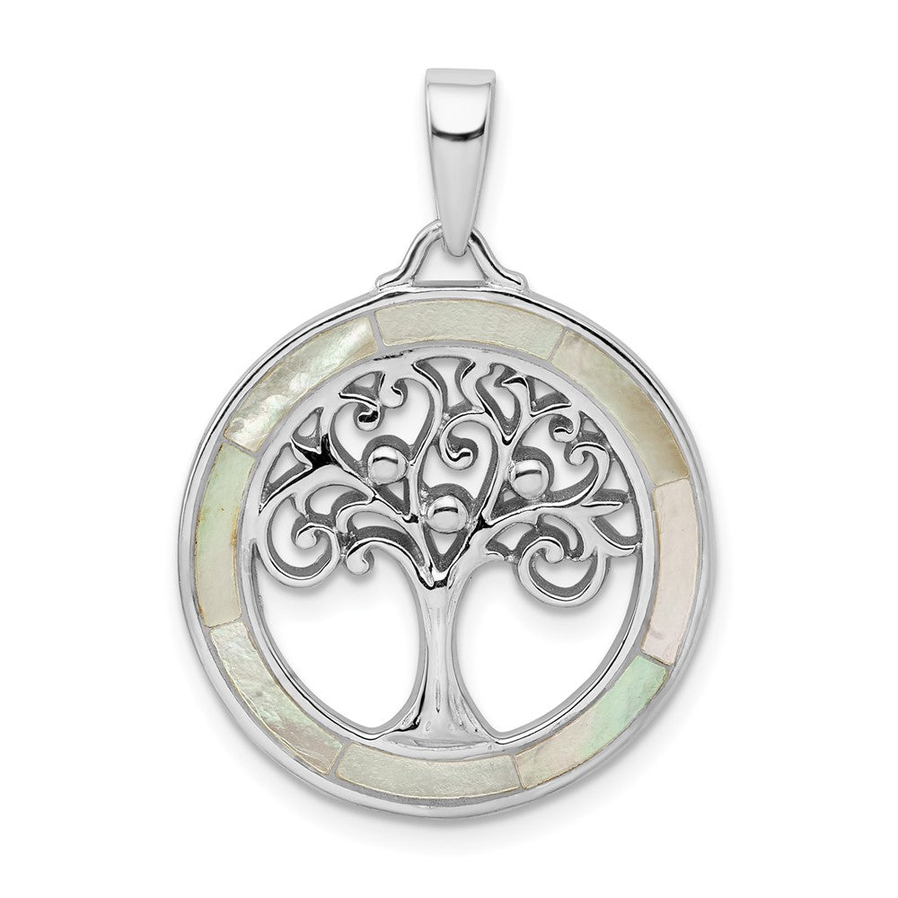 Sterling Silver Rhodium-plated White MOP Tree of Life Pendant, 34.8 x 25.1 mm