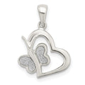 Sterling Silver Polished Glitter Enamel Heart w/Butterfly Pendant, 22.7 x 15.6 mm