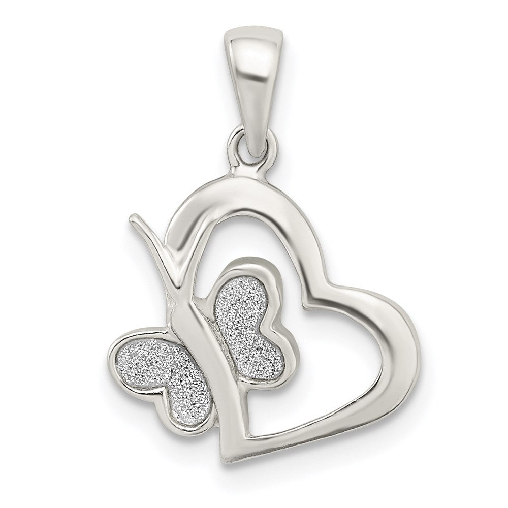 Sterling Silver Polished Glitter Enamel Heart w/Butterfly Pendant, 22.7 x 15.6 mm