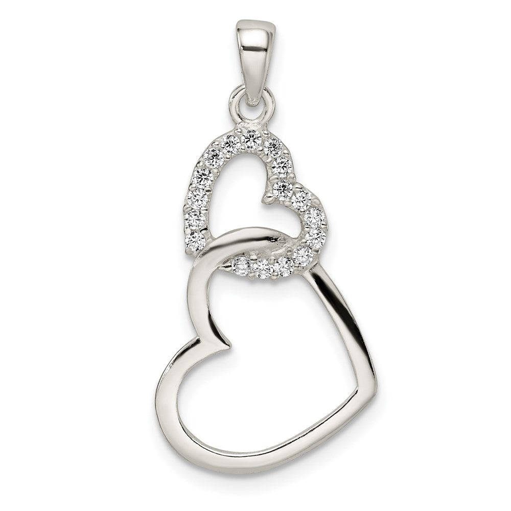 Sterling Silver Polished CZ Double Heart Pendant, 29 x 15 mm