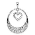 Sterling Silver Rhodium-plated CZ Oval w/Dangle Heart Pendant, 28 x 20 mm