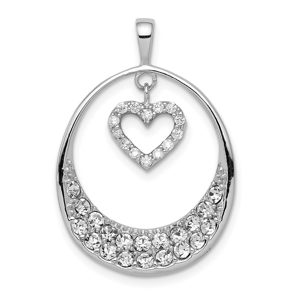 Sterling Silver Rhodium-plated CZ Oval w/Dangle Heart Pendant, 28 x 20 mm