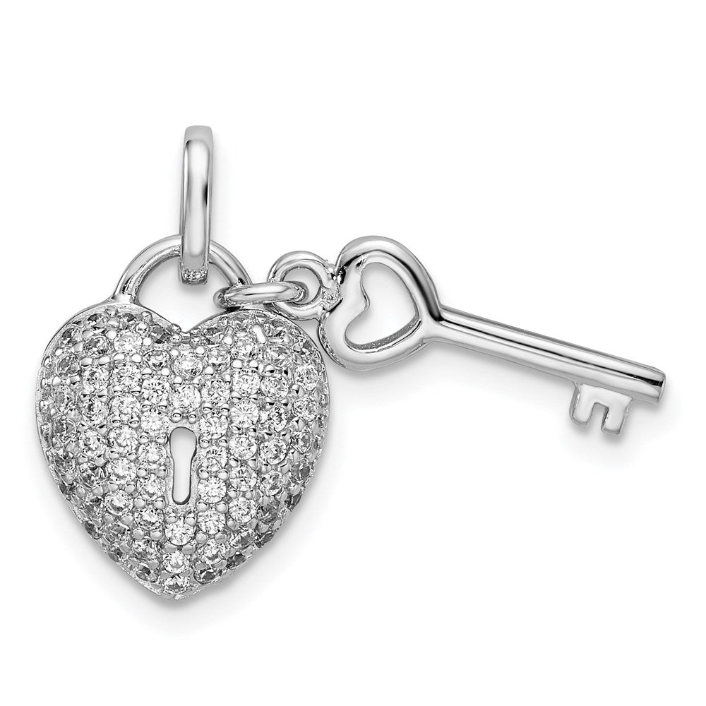 Sterling Silver Rhodium-plated CZ Heart Lock & Key Pendant, 21 x 11 mm
