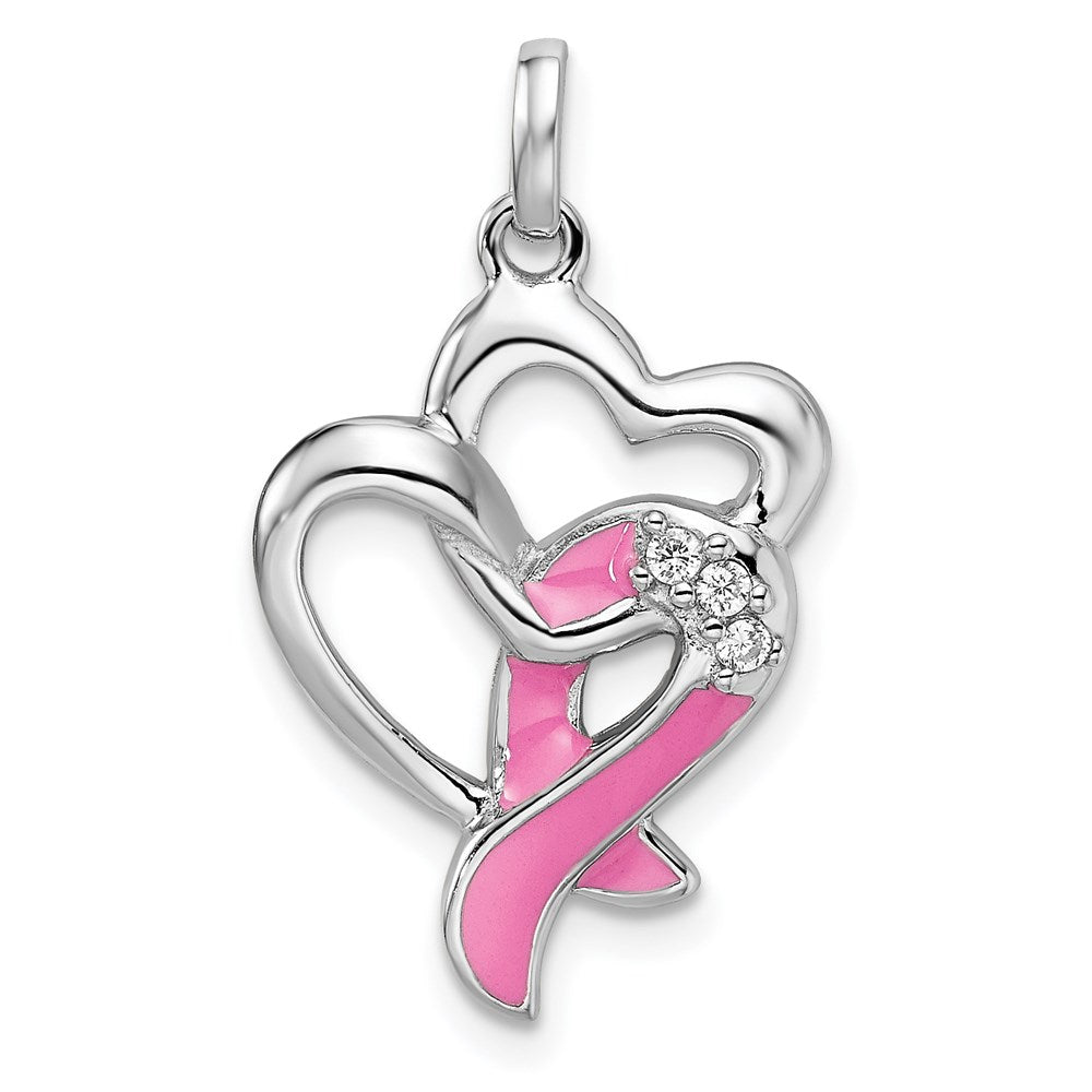 Sterling Silver Rhodium-plated Enamel CZ Ribbon Heart Pendant, 22 x 15 mm