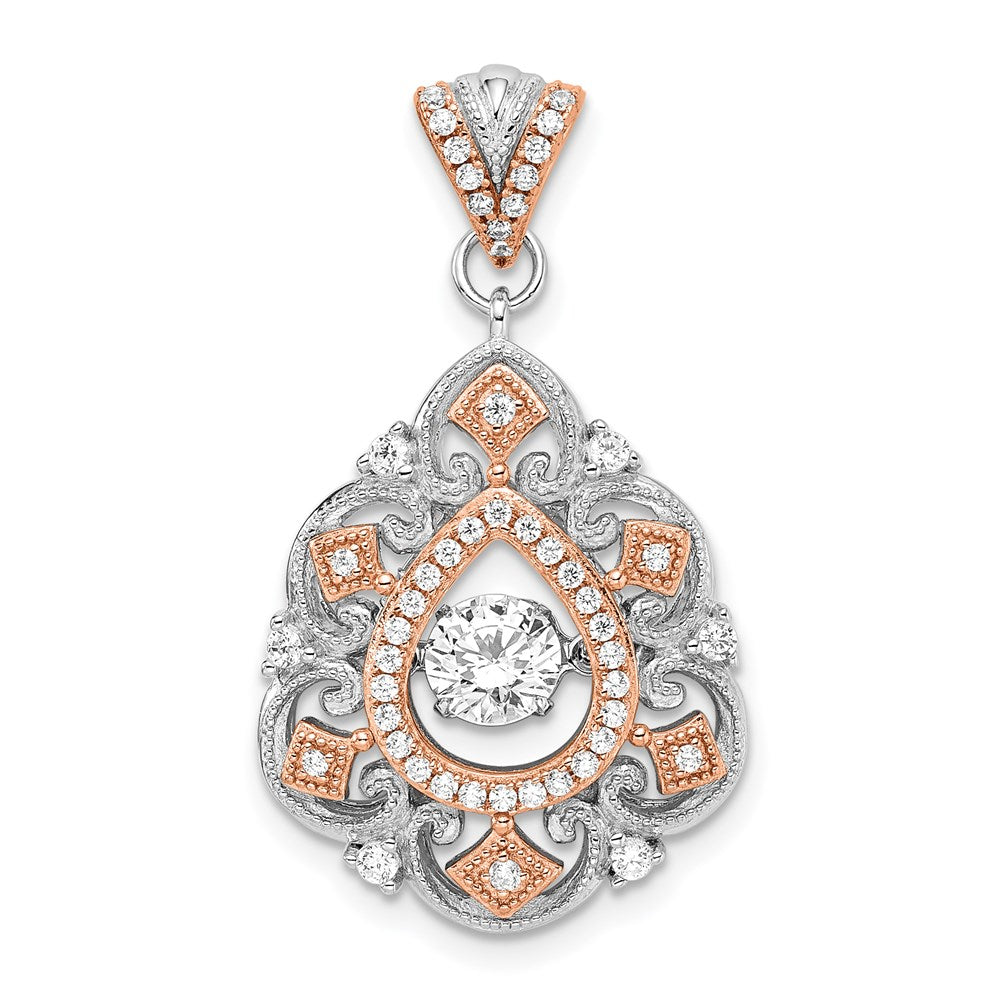 Sterling Silver Plat-plate Rose-tone Vibrant CZ Fancy Penda, 32 x 17 mm