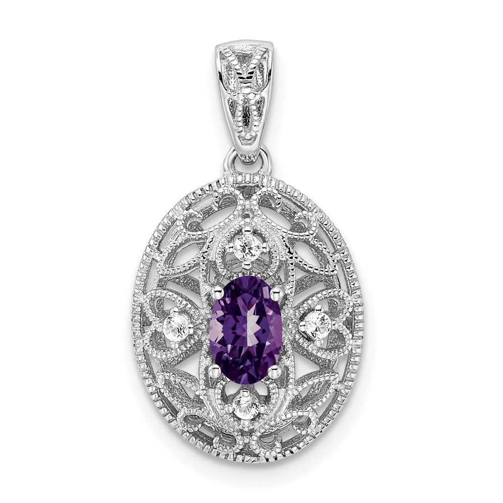 Sterling Silver Rhodium-plated Oval Amethyst and White Topaz Pendant, 0.53 ct, 24 x 12 mm