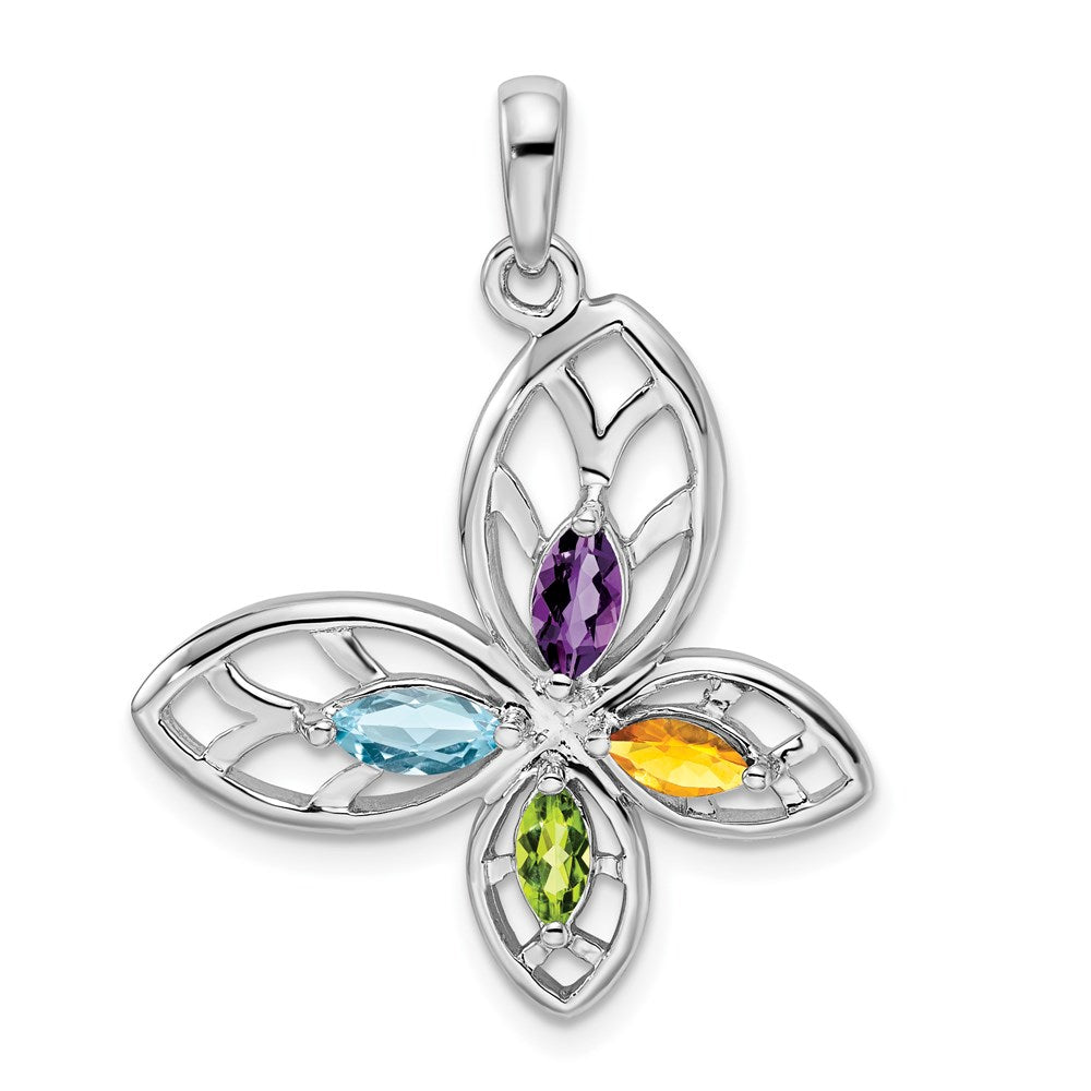 Sterling Silver Rhodium-plated PE CI AM Swiss BT Butterfly Pendant, 0.85 ct, 33.5 x 25 mm
