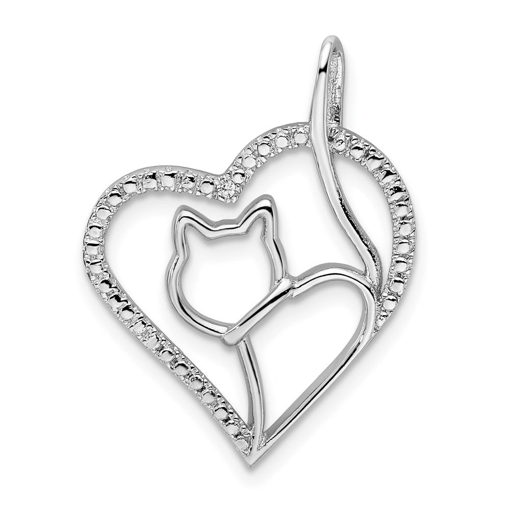 Sterling Silver Rhodium-plated CZ Heart with Cat Silhouette Pendant, 24.25 x 19.6 mm