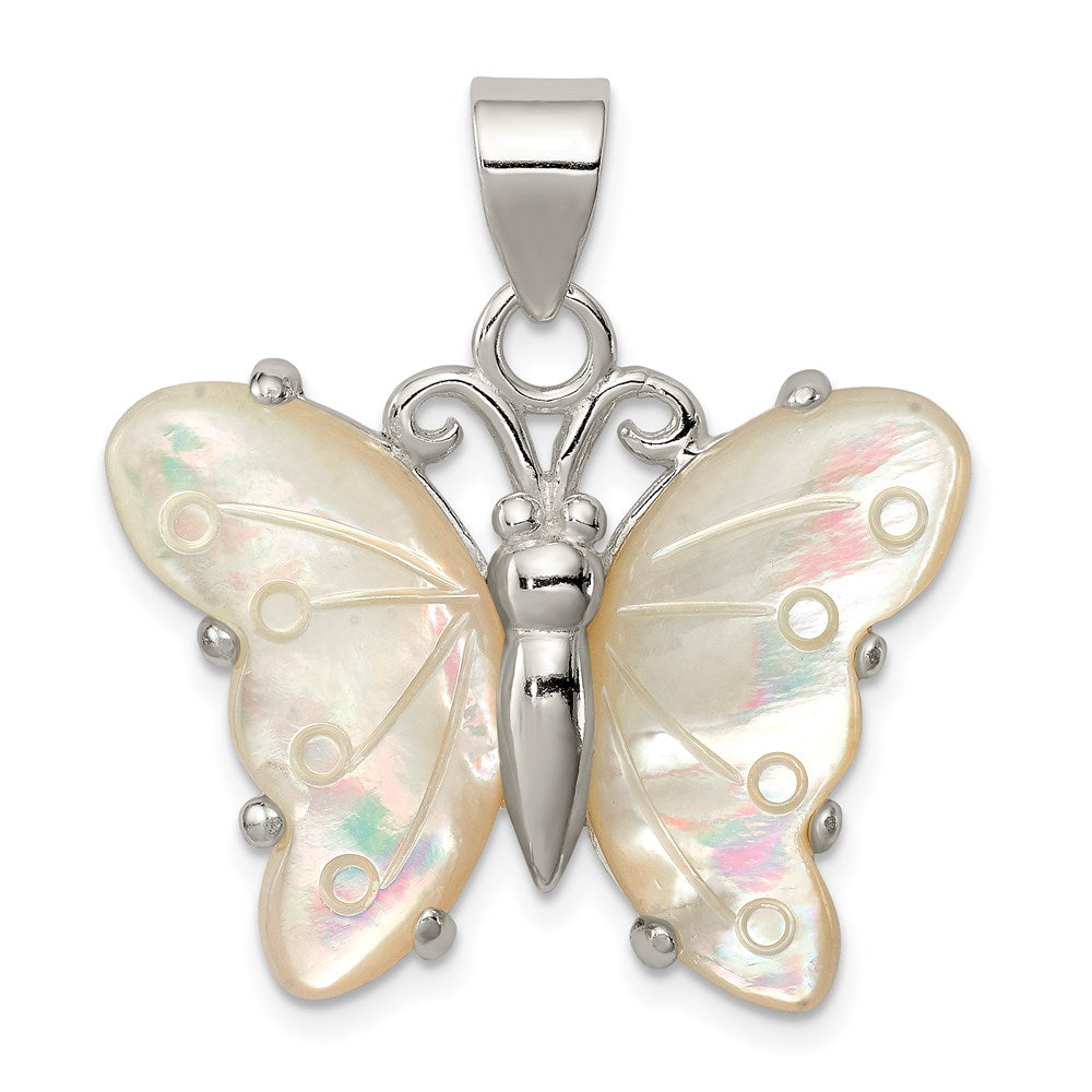 Sterling Silver White Shell Butterfly Pendant, 30 x 25 mm