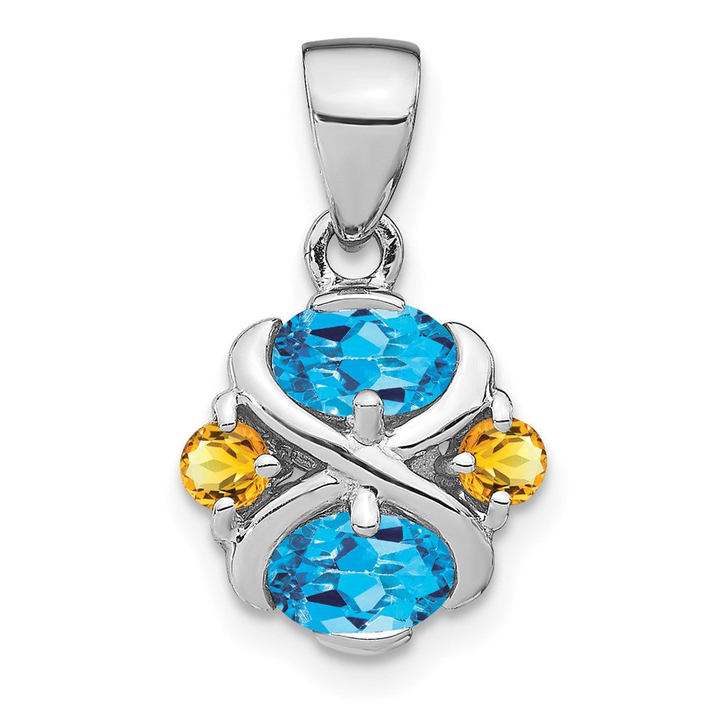 Sterling Silver Rhodium-plated Blue Topaz and Citrine Pendant, 1.13 ct, 20 x 12 mm