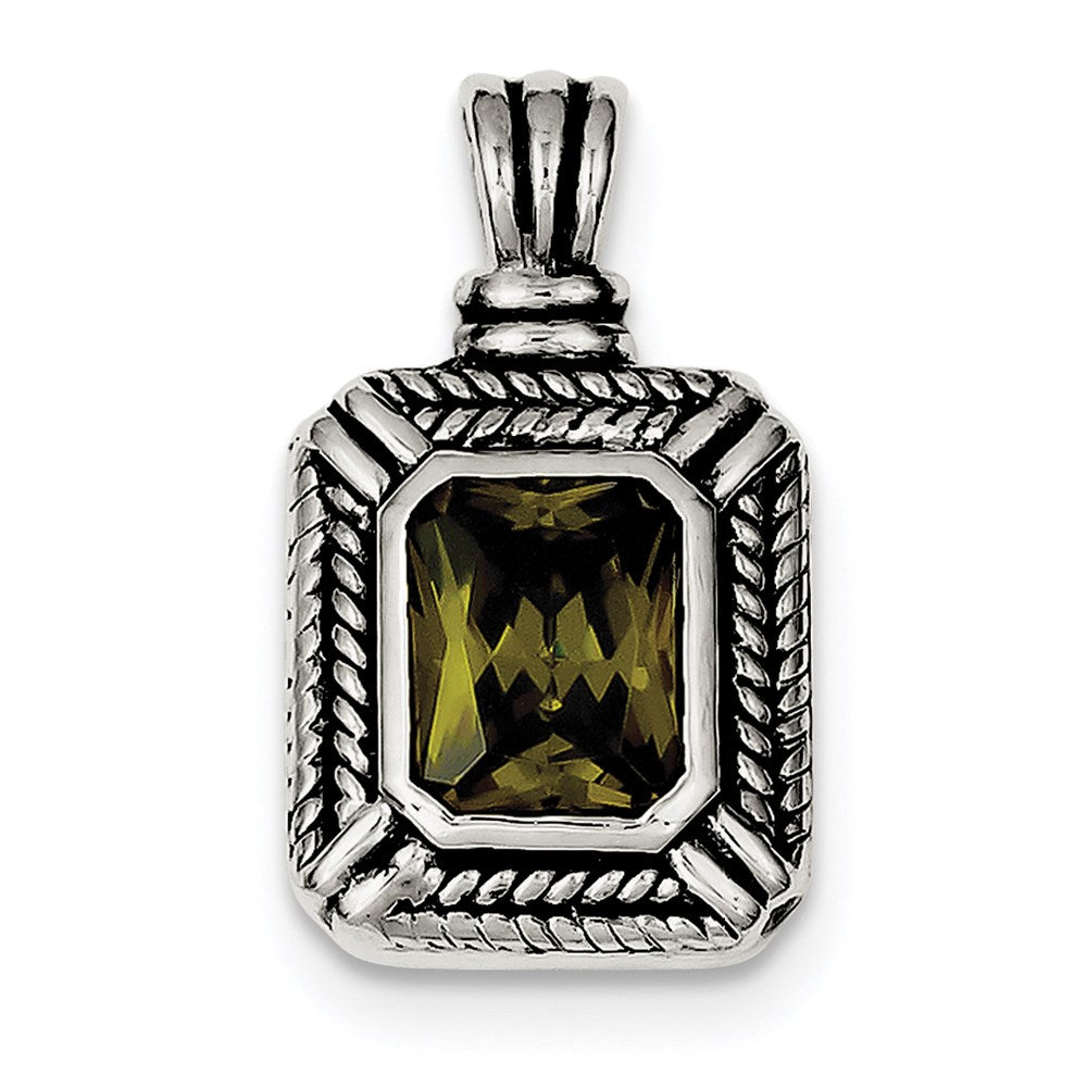 Sterling Silver Green CZ Square Pendant, 27 x 16 mm