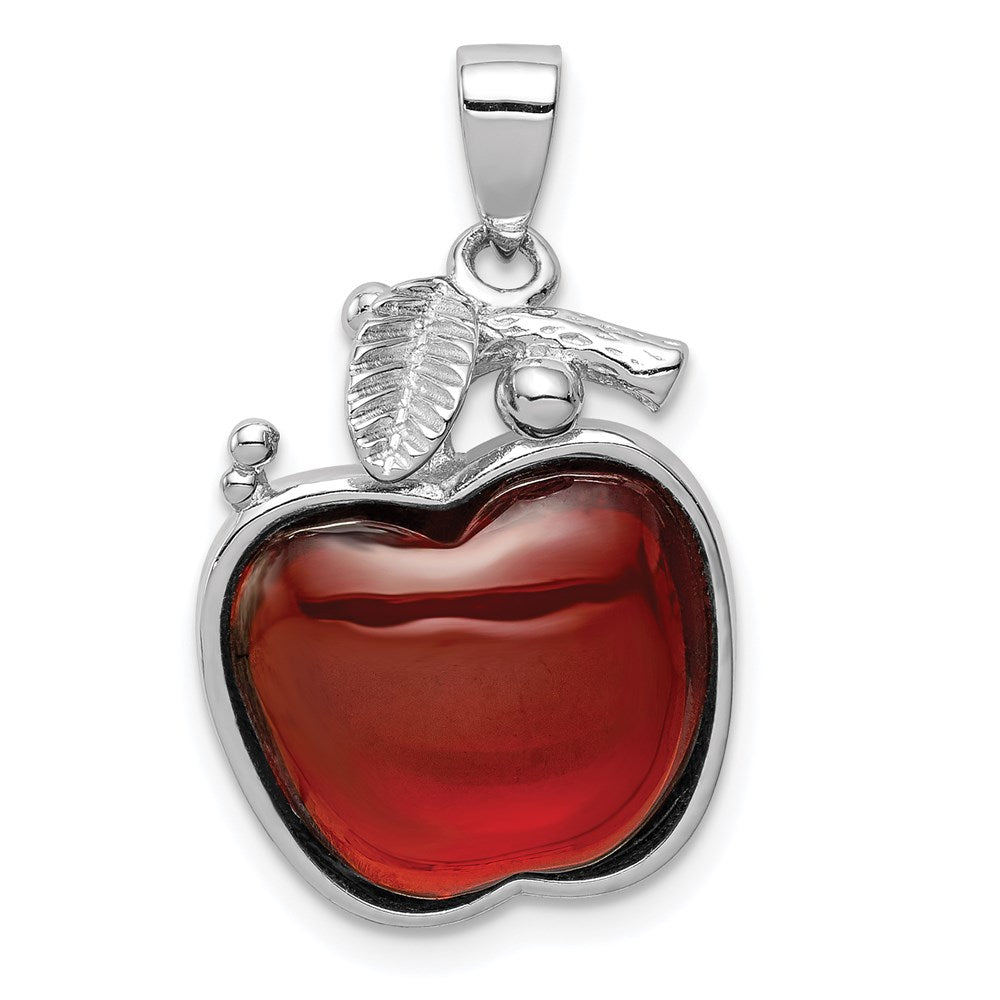 Sterling Silver Rhodium-plated Red CZ Cabochon Apple Pendant, 26 x 16 mm