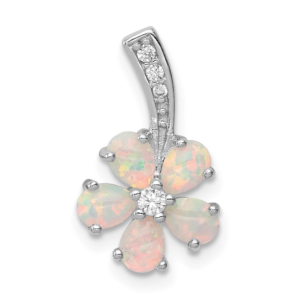 Sterling Silver Rhdoium Plated Opal Flower Pendant, 19 x 10 mm
