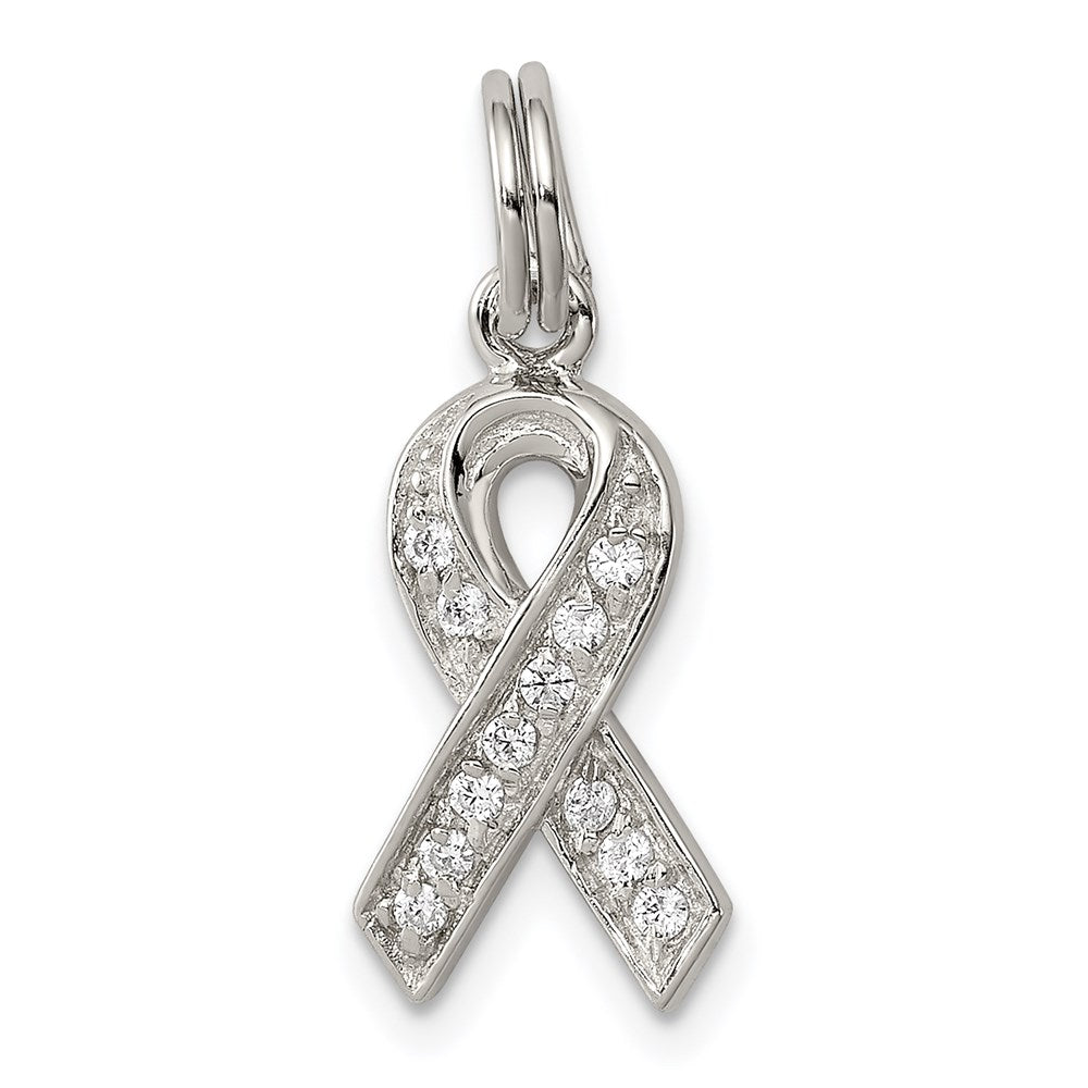 Sterling Silver Rhodium-plated CZ Awareness Ribbon Pendant, 15 x 9 mm