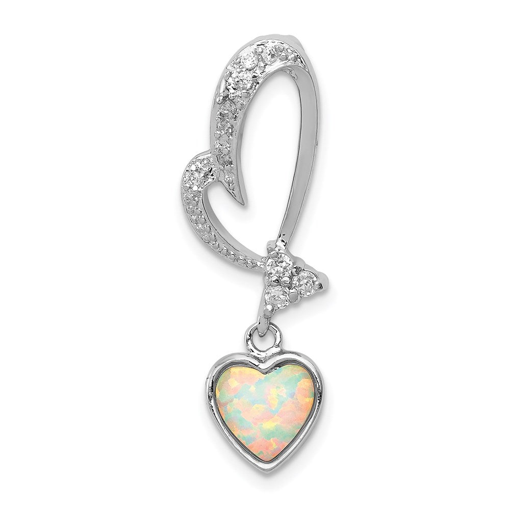 Sterling Silver Rhodium Plated Opal and CZ Heart Pendant, 33 x 12 mm