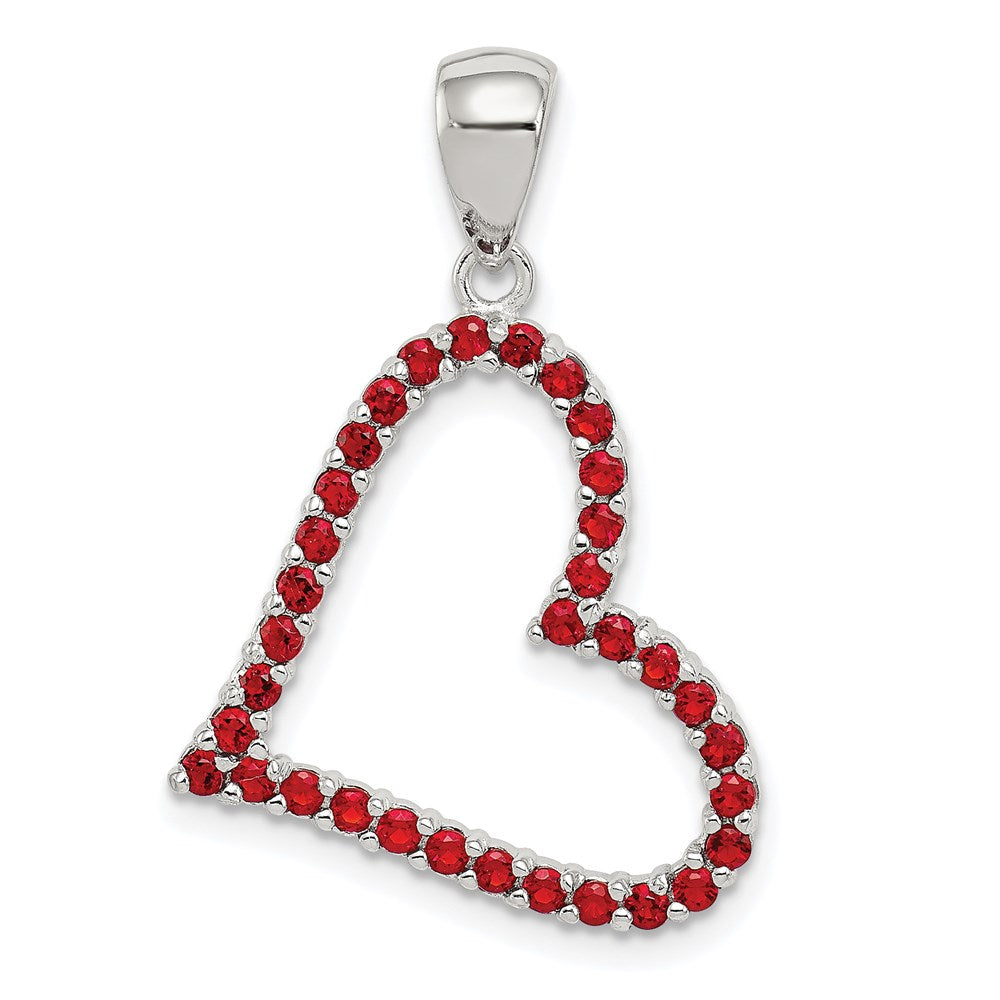 Sterling Silver Rhodium Plated Red CZ Heart Pendant, 26 x 18 mm