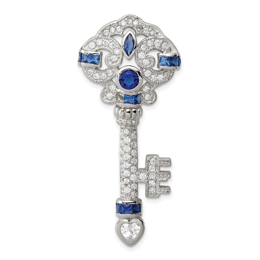 Sterling Silver Rhodium-plated Blue and Clear CZ Key Slide, 48 x 21 mm