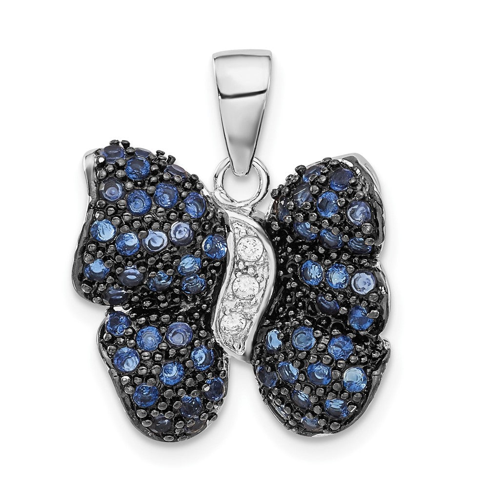 Sterling Silver Antiqued Blue & Clear CZ Butterfly Pendant, 23.5 x 19 mm