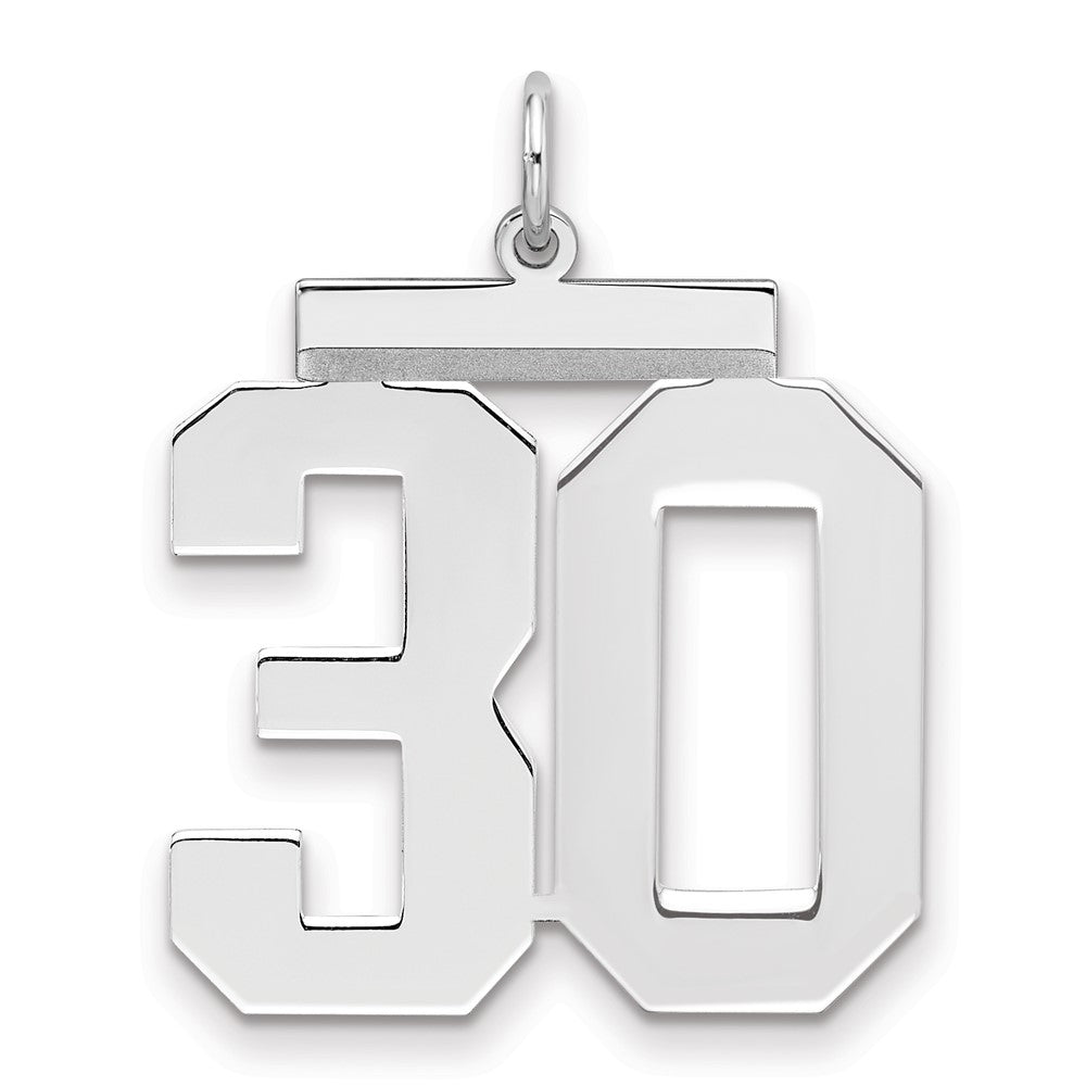 Sterling Silver/Rhodium-plated Polished Number 30 Charm, 24 x 20 mm