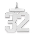 Sterling Silver/Rhodium-plated Polished Number 32 Charm, 24 x 20 mm