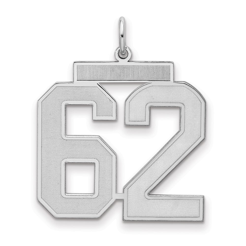 Sterling Silver/Rhodium-plated Satin Number 62 Charm, 25 x 21 mm