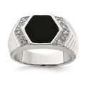 Sterling Silver Rhodium-plated Men's CZ and Onyx Ring, Size 9