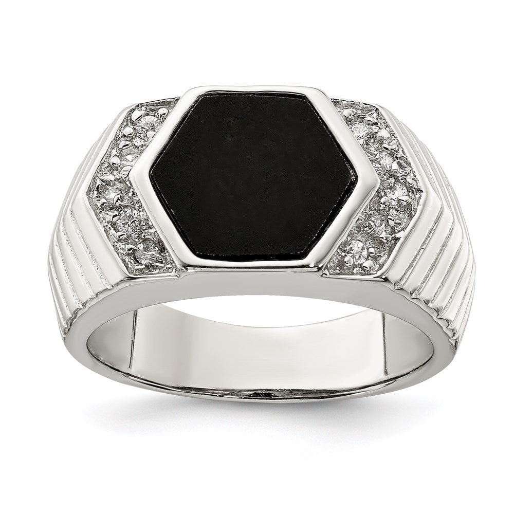 Sterling Silver Rhodium-plated Men's CZ and Onyx Ring, Size 9