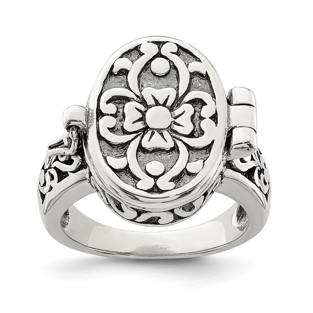 Sterling Silver Antiqued Oval Locket Ring, Size 7, 17.5 mm