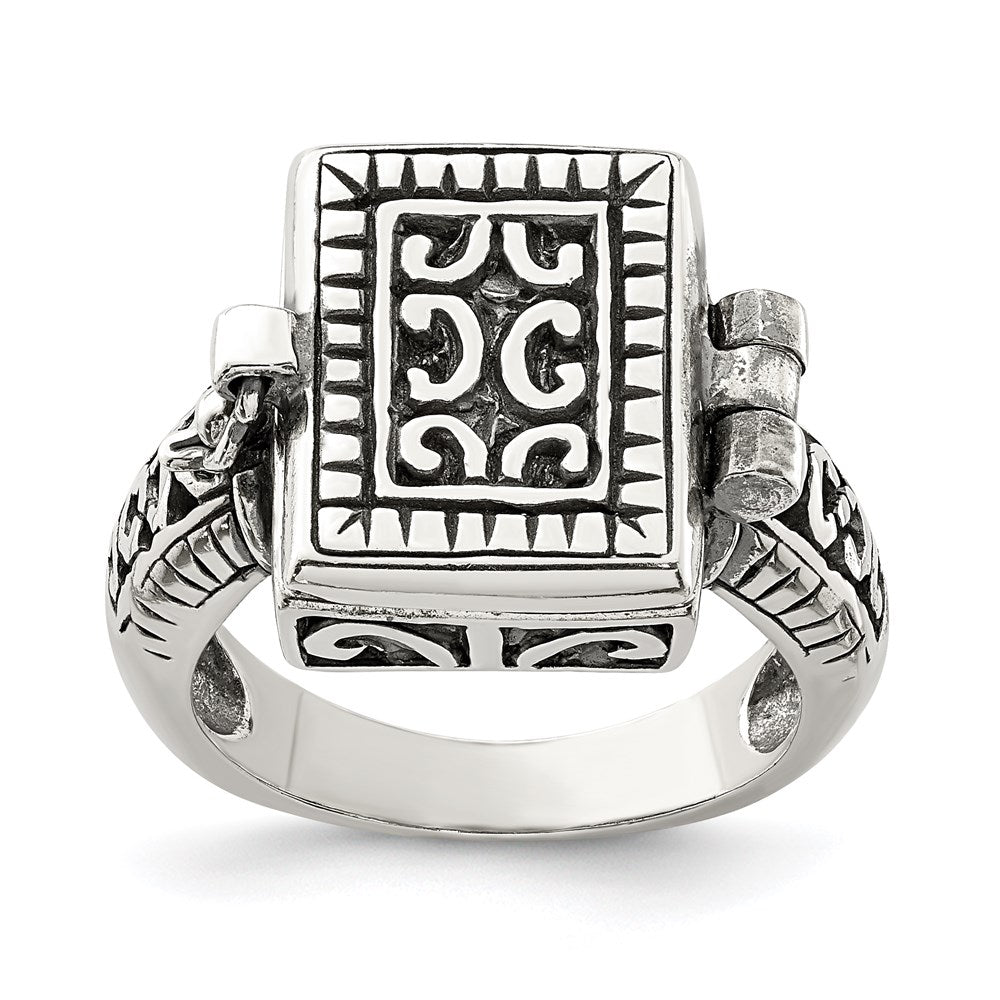 Sterling Silver Antiqued Rectangular Locket Ring, Size 6, 14.85 mm