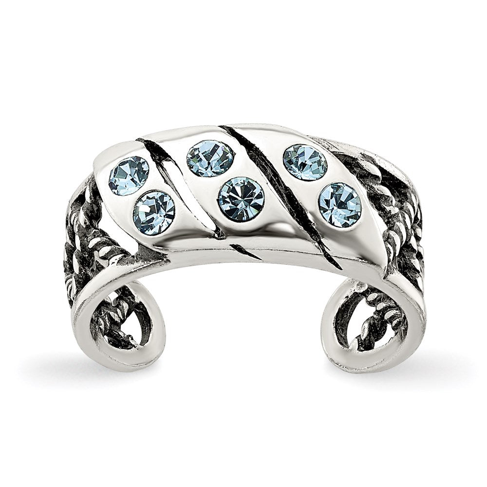 Sterling Silver Antiqued Blue Stellux Crystal Toe Ring, 6 mm