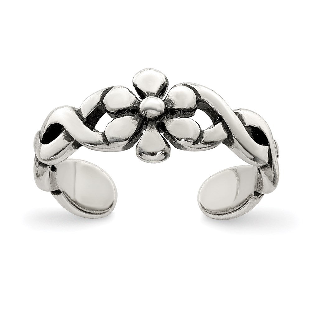 Sterling Silver Antiqued Floral Toe Ring, 4 mm