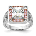 Sterling Silver w/ Rose-tone Vermeil Polished Square Pink & Clear CZ Ring, Size 7, 13 mm