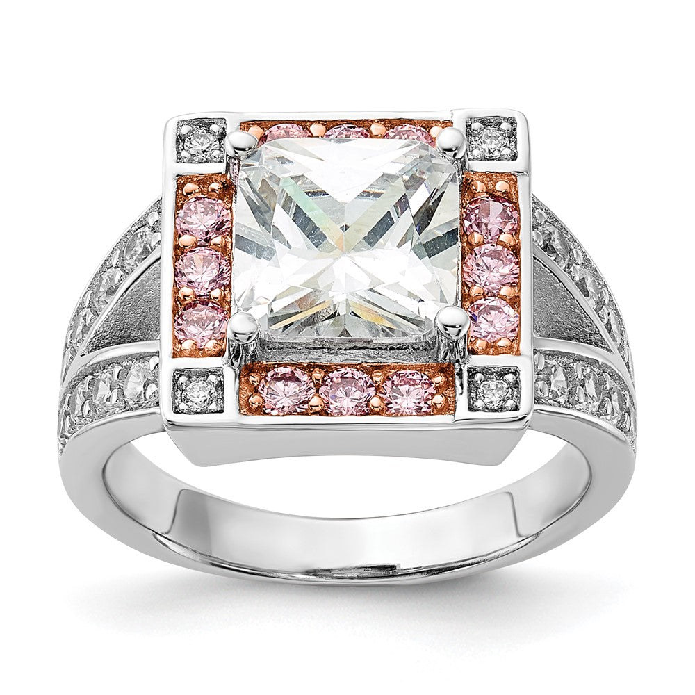 Sterling Silver w/ Rose-tone Vermeil Polished Square Pink & Clear CZ Ring, Size 7, 13 mm