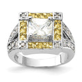 Sterling Silver Polished Yellow & Clear CZ Square Halo Ring, Size 6, 13.3 mm