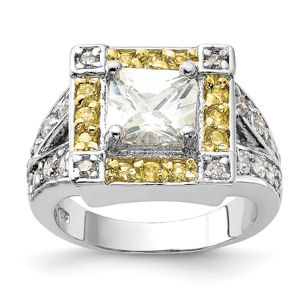 Sterling Silver Polished Yellow & Clear CZ Square Halo Ring, Size 6, 13.3 mm