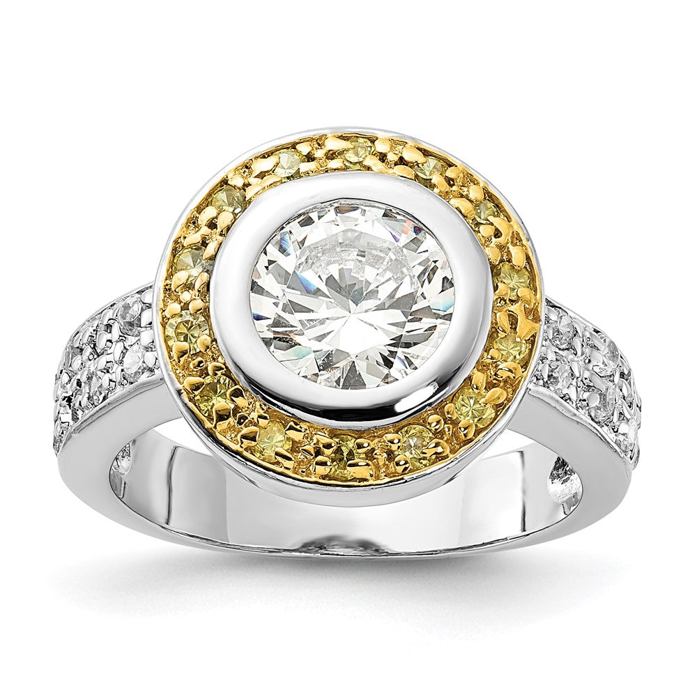 Sterling Silver & Gold-tone Vermeil Polished Yellow & Clear CZ Circle Ring, Size 6