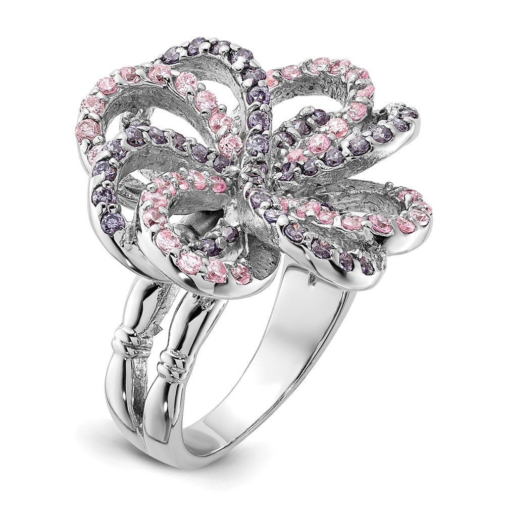Sterling Silver Polished Pink & Purple CZ Flower Ring, Size 6, 23 mm