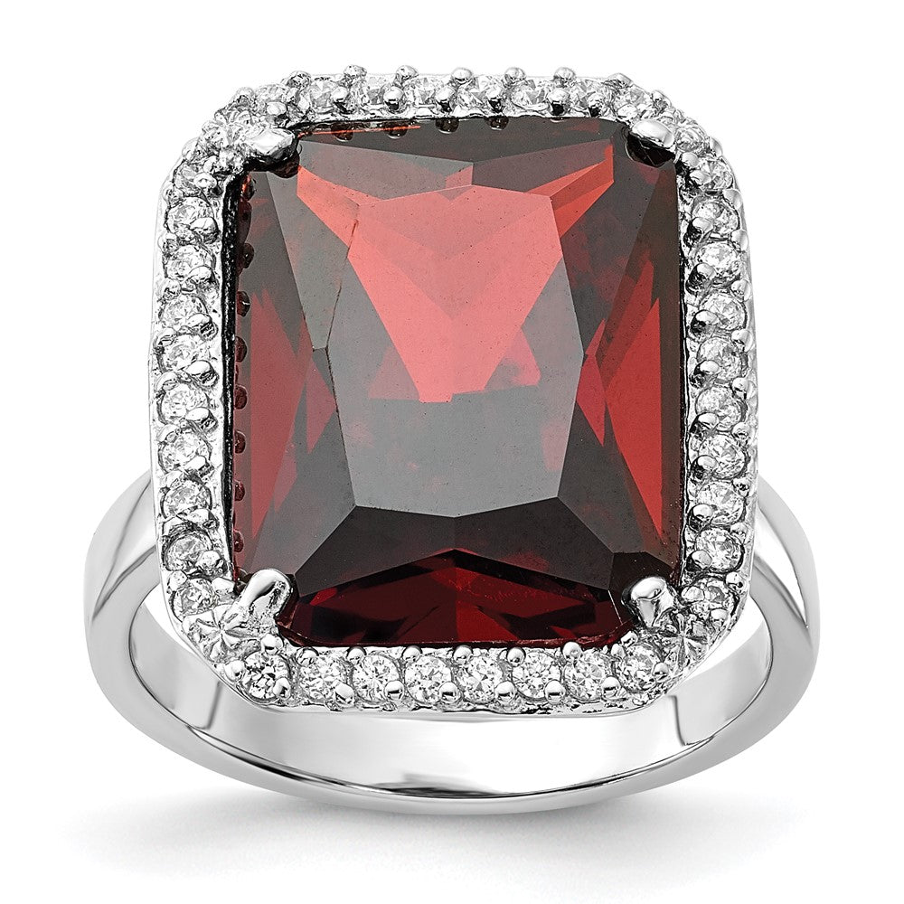 Sterling Silver Polished Red & Clear CZ Rectangle Halo Ring, Size 9, 19.6 mm