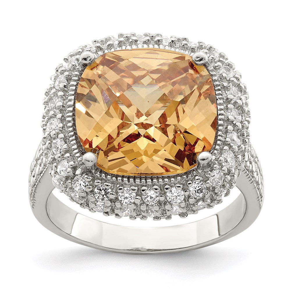 Sterling Silver Champagne & Clear Color CZ Ring, Size 7