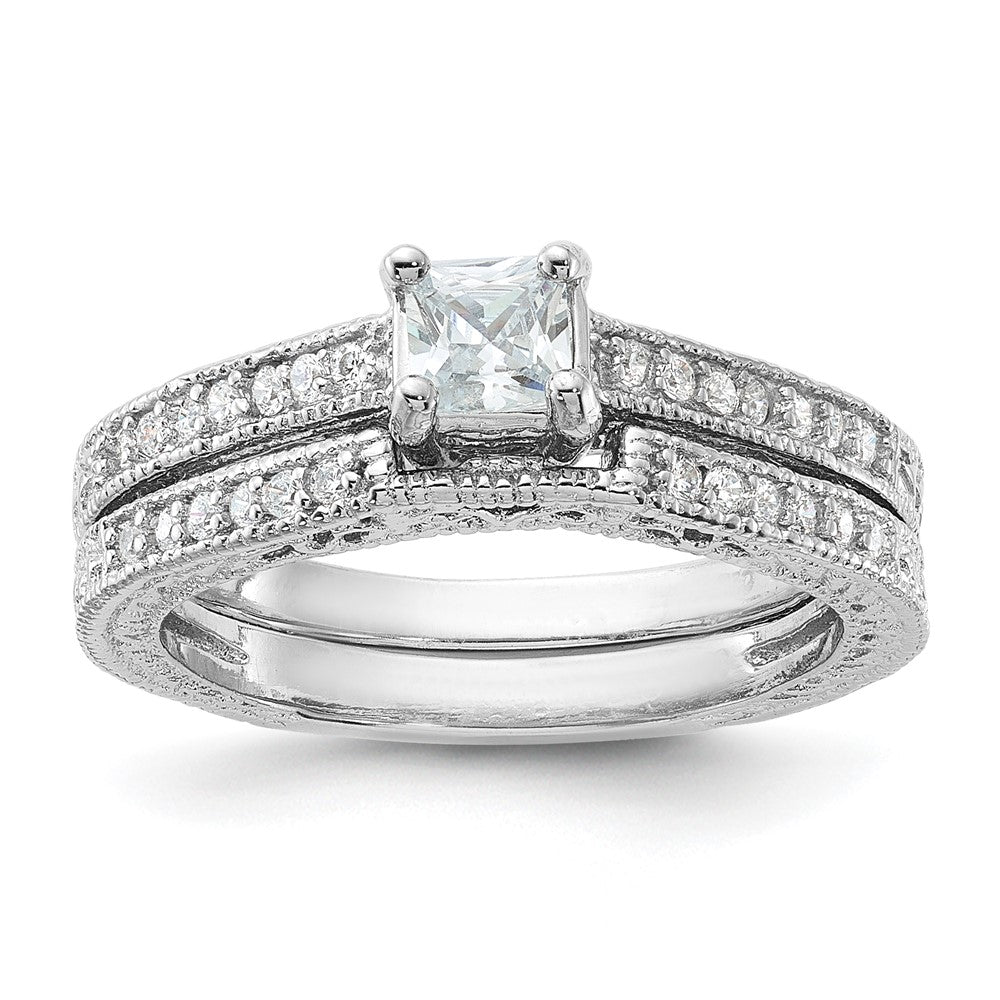 Sterling Silver Rhodium-plated 2-Piece CZ Wedding Set Ring, Size 6, 4.95 g