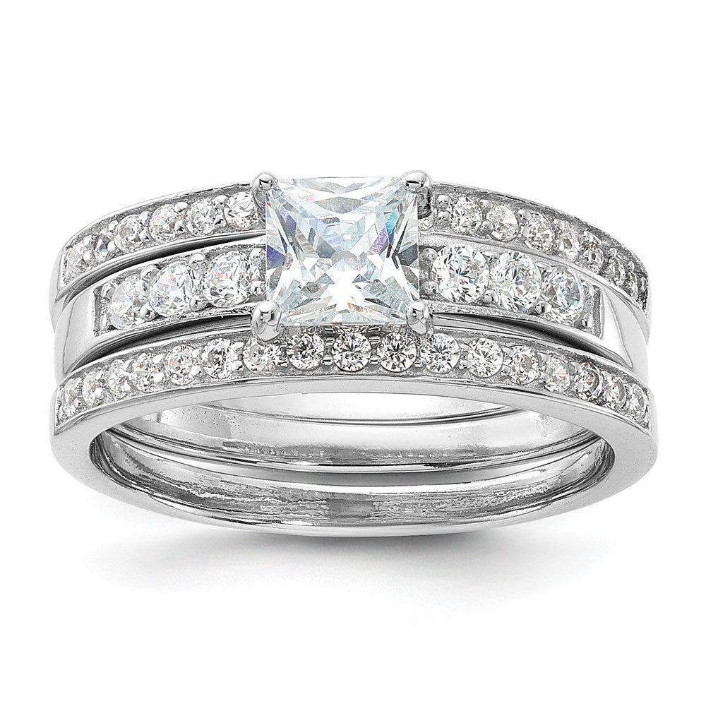 Sterling Silver Rhodium-plated CZ 3 Piece Wedding Set Ring, Size 6
