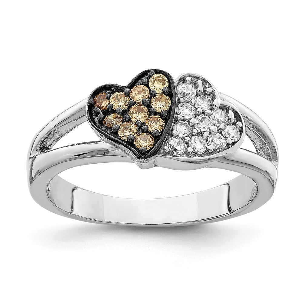 Sterling Silver Rhodium Clear & Champagne CZ Hearts Ring, Size 7